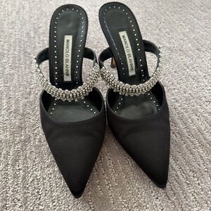 Manolo Blahnik Lutara Heeled Mules Black Satin with Crystals SIZE 38.5